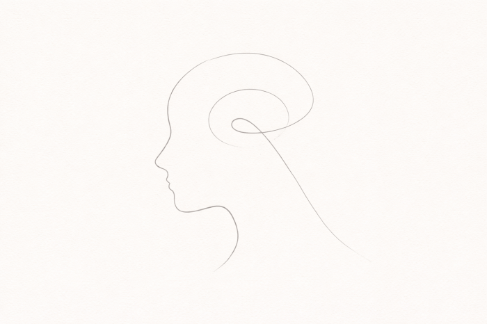 Minimalistyczna ilustracja liniowa przedstawiająca profil ludzkiej głowy z delikatną spiralą